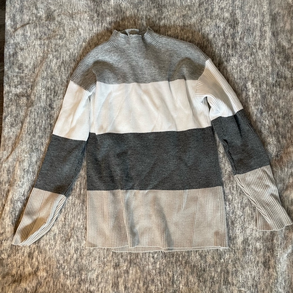 Pink lily Size small mock neck gray and white striped sweater